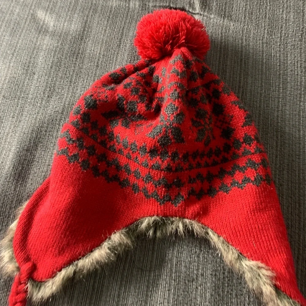 Vintage Faux Fur Christmas Snowflake Ski Winter Hat Red Grey